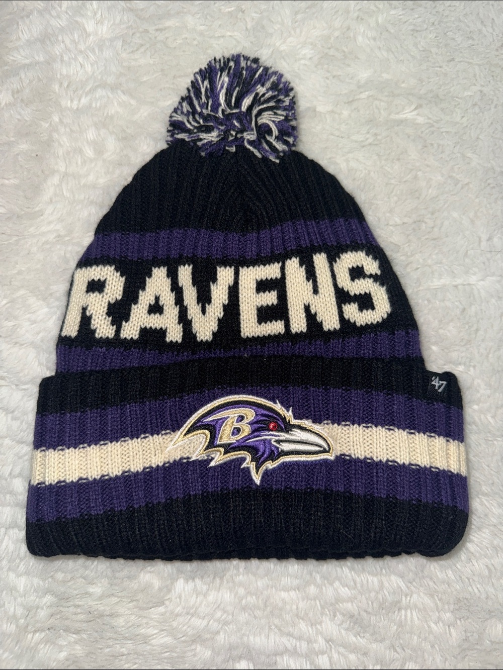 47 Brand Baltimore Ravens Striped Pom Beanie - Purple, Black & Cream